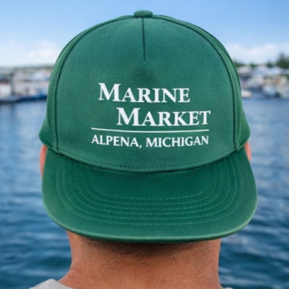 Vintage Marine Market Alpena Michigan Green Trucker Hat Unisex Cap